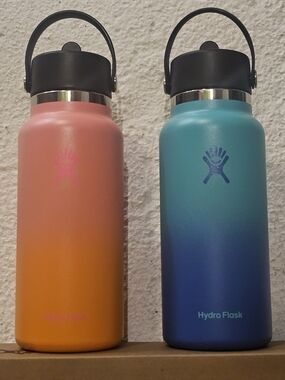 Two 32oz Hydro Flask Ombre Water Bottles, Pink/Orange & Teal/Blue, New No Labels